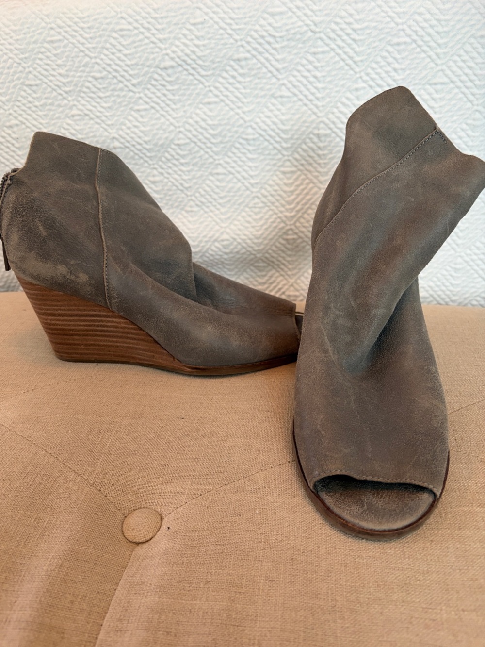 Lucky Brand Gray Nubuck Peep-Toe Wedge Booties